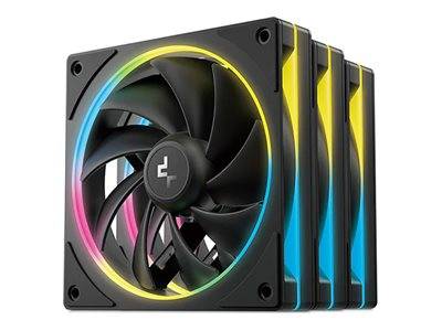 RGB-Computerlüfter in einer Reihe gestapelt, mit schwarzen Rotorblättern und mehrfarbiger LED-Beleuchtung an den Kanten.