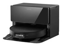 Ein schwarzer Roboterstaubsauger steht auf einer Ladestation und präsentiert ein elegantes, modernes Design. Geeignet für automatisierte Hausreinigung.