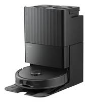 Ein schwarzer Roboter-Staubsauger mit Ladestation, mit einem eleganten, modernen Design.