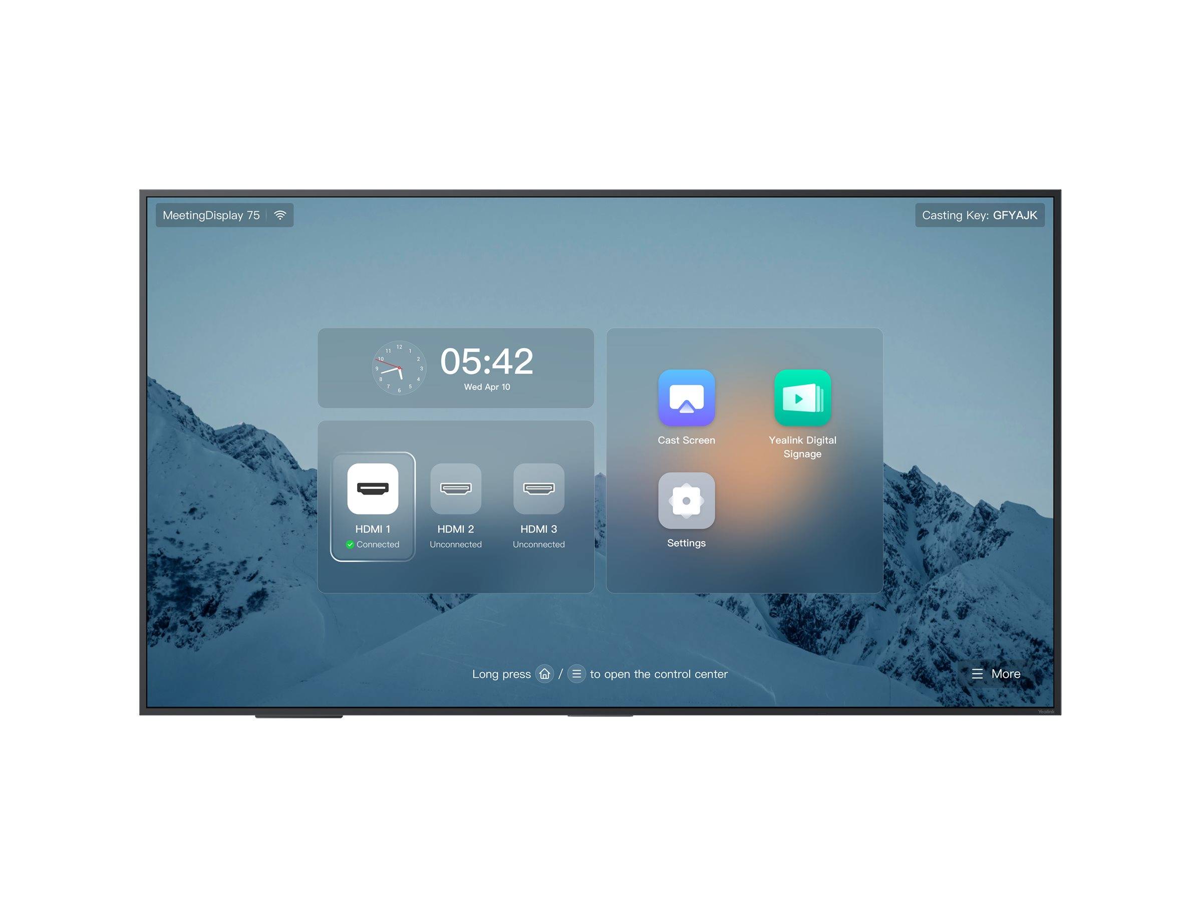Anzeigebildschirm mit Verbindungsoptionen 'HDMI 1', 'HDMI 2' und 'HDMI 3', mit Einstellungssymbolen. Hintergrund zeigt Berglandschaft.