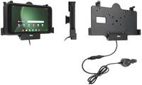 Tablet-Halterungsset enthält einen Halter, eine Halterung und ein Ladekabel, wie hier zerlegt dargestellt.