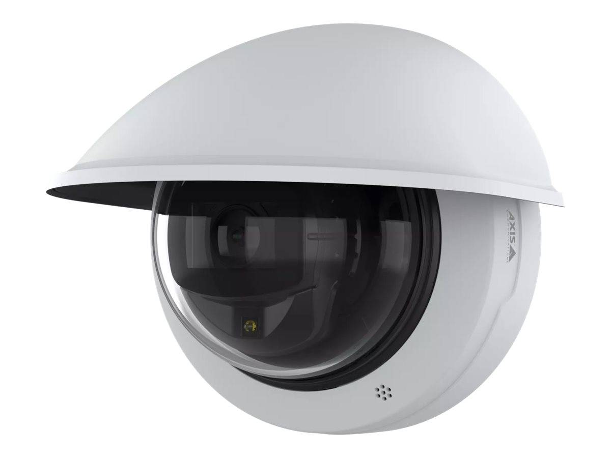 Eine weiße Kuppel-Sicherheitskamera, die an einer Wand befestigt und leicht nach unten geneigt ist, die üblicherweise zur Überwachung in Innen- und Außenbereichen eingesetzt wird.
