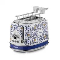 Ein Retro-Toaster im Stil der 50er Jahre mit blauen und gelben Blumenmustern, versehen mit Chrom-Akzenten und mehreren Bedienknöpfen an der Vorderseite.