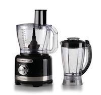 Ein schwarzer und silberner Küchenlebensmittelmixer mit einem transparenten Behälter steht neben einem passenden Standmixer-Krug. Ideal für die Mahlzeitenvorbereitung.