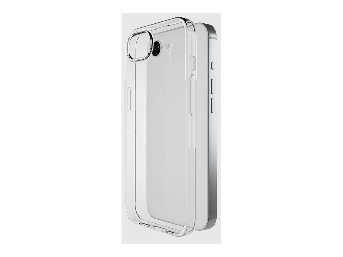 Transparente Handyhülle, die auf der Rückseite eines Smartphones angebracht ist und die Kameraaussparung und die Seitentastenabdeckung hervorhebt.