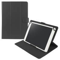 Schwarze Tablethülle, geschlossen und geöffnet, mit einem Tablet im Inneren gezeigt; die geöffnete Ansicht präsentiert den Bildschirm des Tablets in einem Winkel für bequeme Betrachtung.