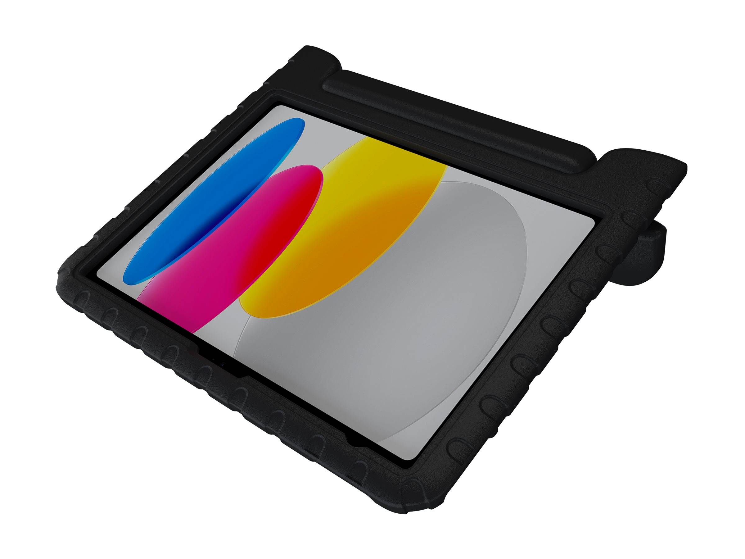 Schwarzes robustes Tablet-Etui mit einem Tablet, das abstrakte farbenfrohe Ovalformen auf einem grauen Bildschirm anzeigt.