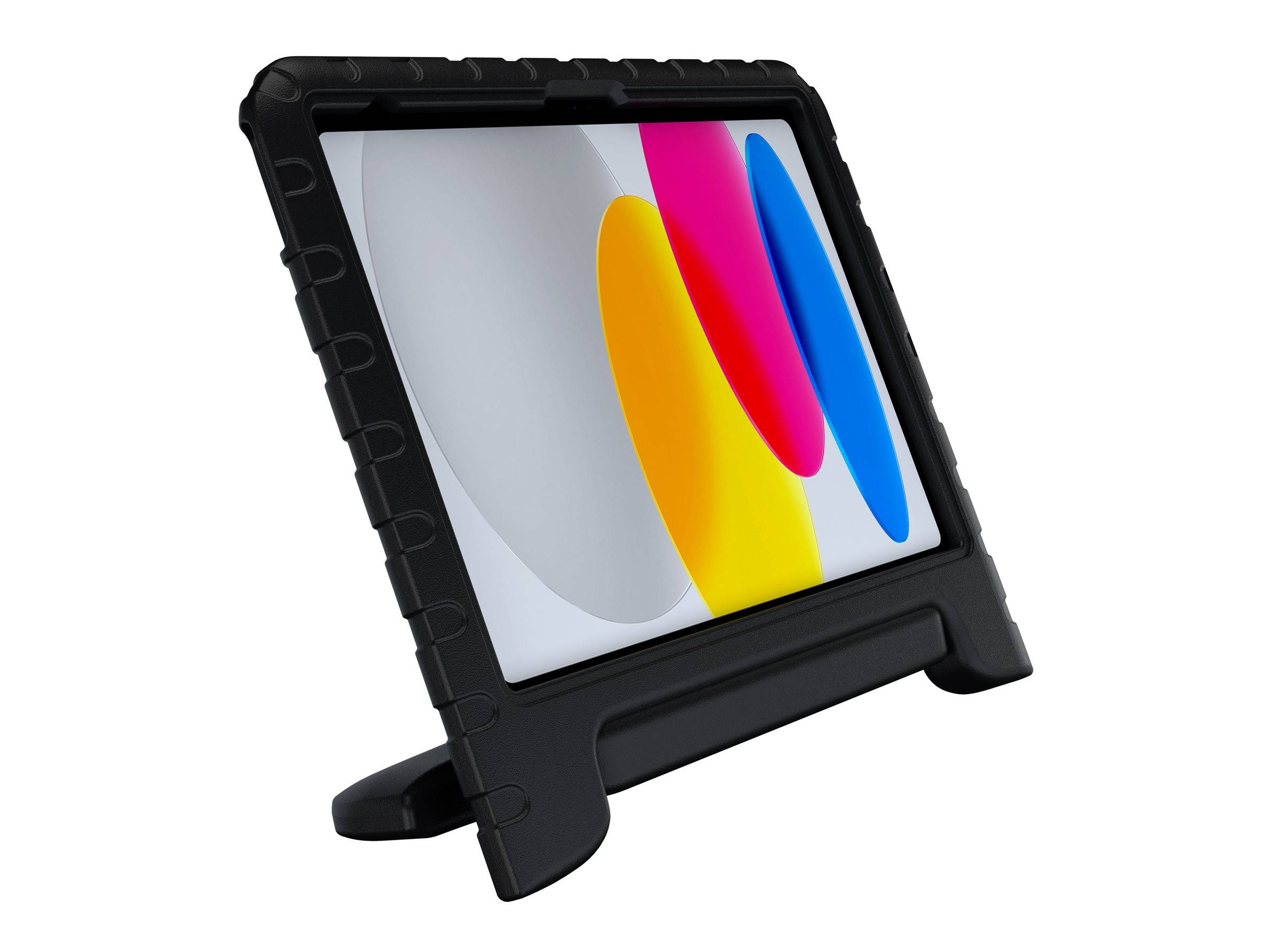 Robustes schwarzes Tablet-Schutzkissen mit integriertem Ständer, gezeigt beim Halten eines Tablets in einem Winkel.