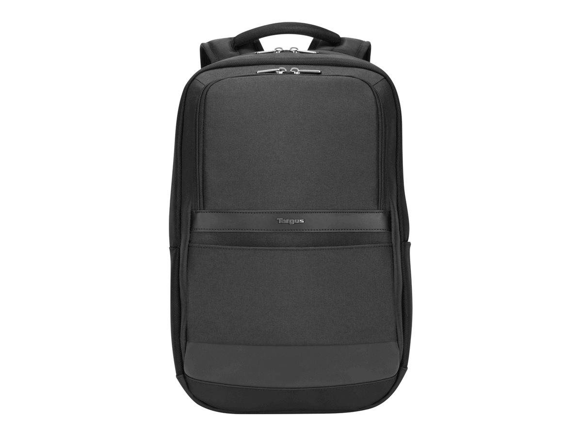 Schwarzer Laptop-Rucksack mit oberer Griffleiste, vorderer Reißverschlusstasche und gepolsterten Schultergurten, gezeigt auf einem einfachen weißen Hintergrund.
