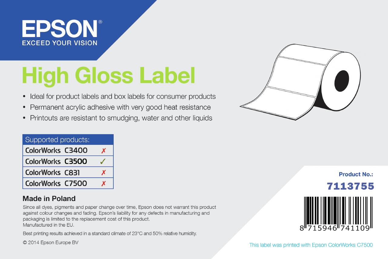 Epson 'Hochglanz-Etiketten' Produktetikett mit Rollenabbildung, Aufzählungspunkte zu Haltbarkeit und unterstützten Druckern, und Produktnummer 7113755 mit Barcode.