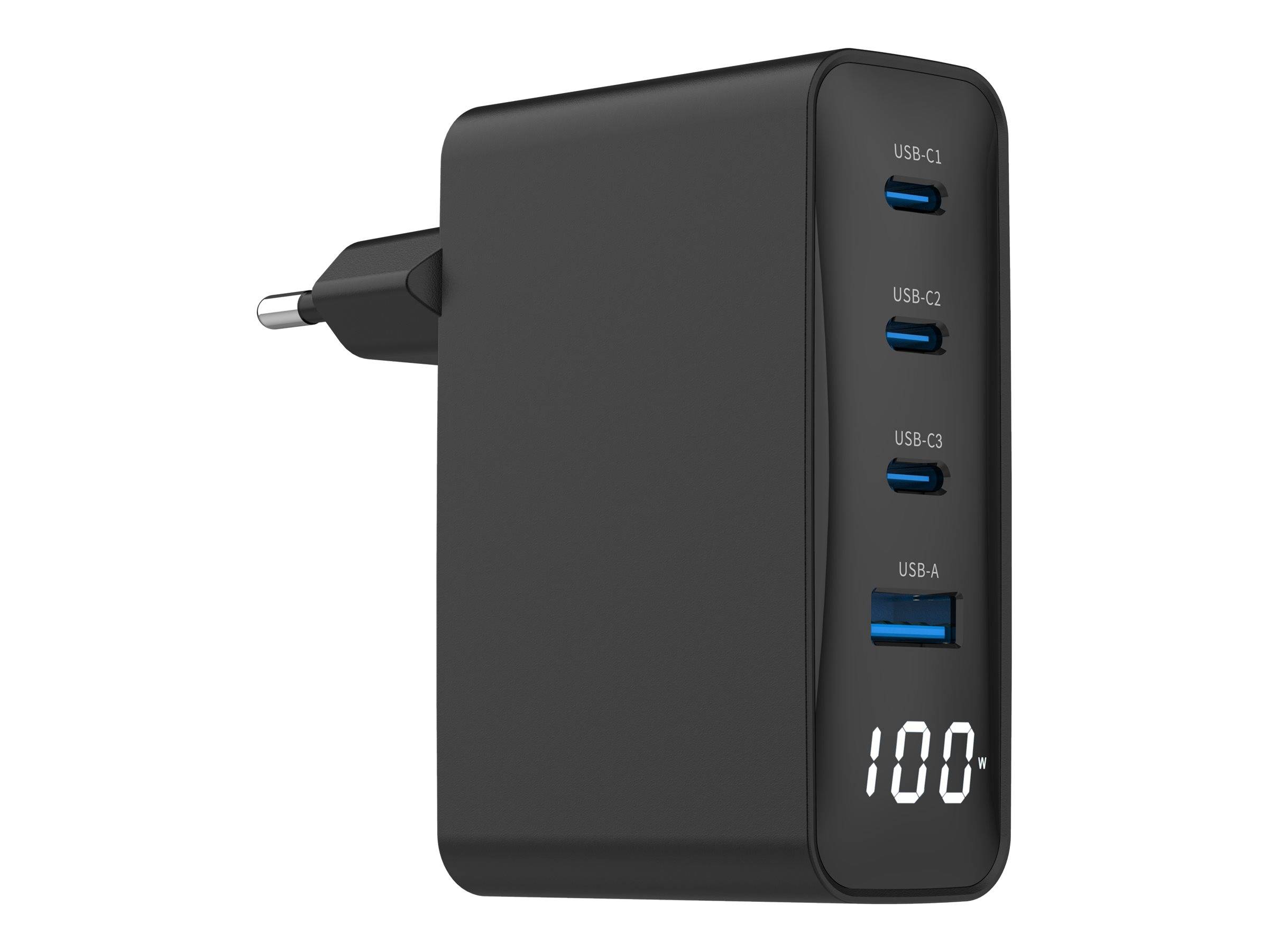 Schwarzes Wandladegerät mit Steckerkontakten und vier USB-Anschlüssen mit den Bezeichnungen USB-C1, USB-C2, USB-C3 und USB-A sowie einer digitalen 100%-Anzeige.