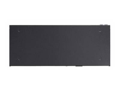 Eine schwarze rechteckige Oberfläche, möglicherweise die Rückseite oder Unterseite eines elektronischen Geräts, mit kleinen kreisförmigen Vertiefungen an den Ecken.