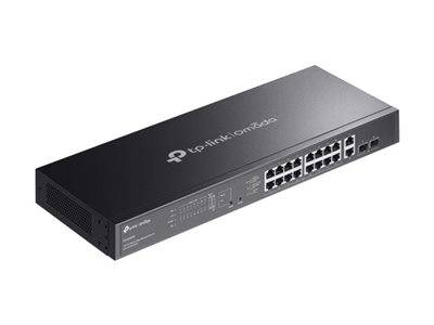 Ein schwarzer TP-Link Netzwerk-Switch mit 16 Ethernet-Ports aus der Omada-Serie. Verwendet zur Verwaltung mehrerer kabelgebundener Netzwerkverbindungen.