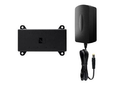 Rechteckige schwarze Box mit Befestigungslöchern und einem schwarzen Netzteil mit Kabel.