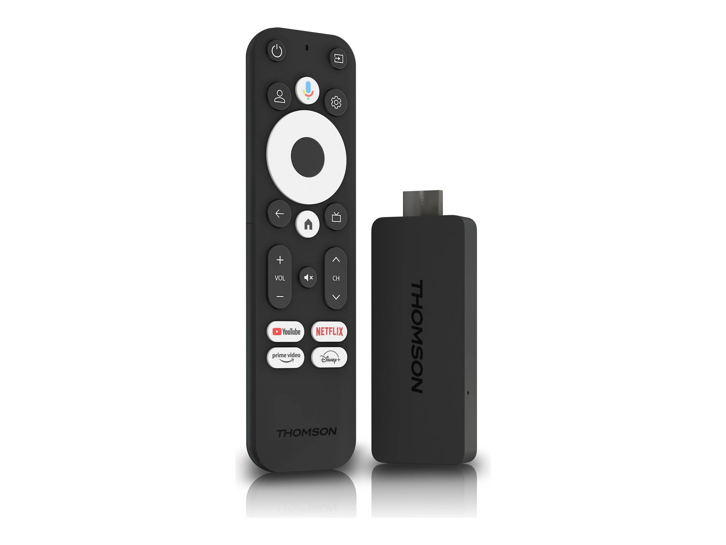 Thomson Streaming-Stick und Fernbedienung. Die Fernbedienung zeigt Tasten für beliebte Streaming-Plattformen wie YouTube, Netflix, Prime Video und Disney+.