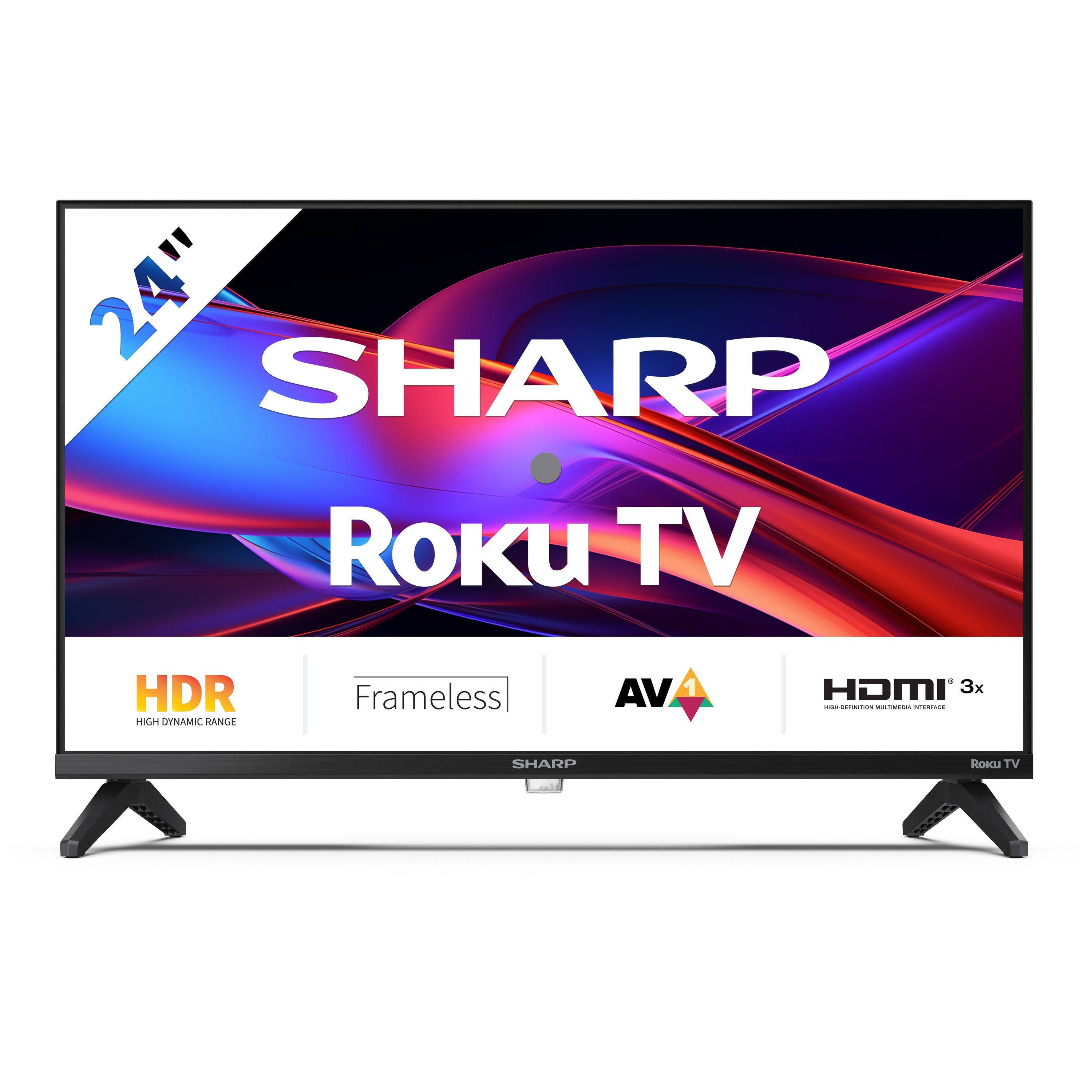 Scharfer 24-Zoll-Roku-Fernseher mit rahmenlosem Design, HDR, drei HDMI-Anschlüssen und lebendigem abstraktem Farbdisplay im Hintergrund.
