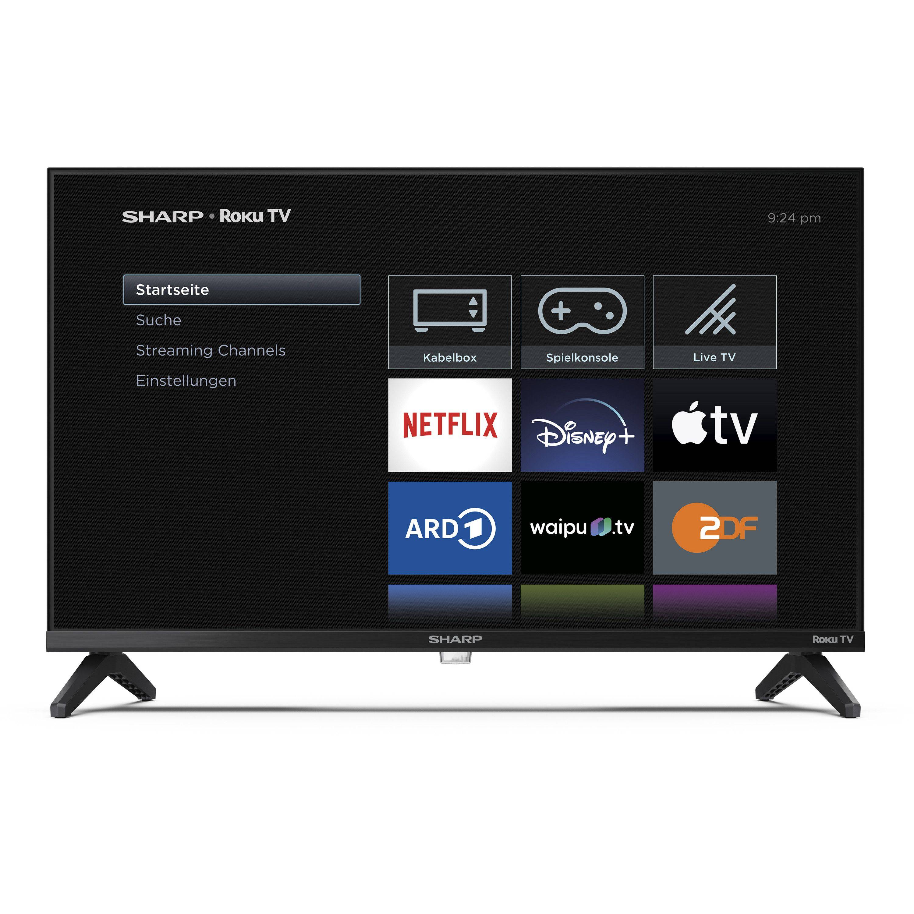 Ein Roku-Fernseher von Sharp mit geöffneten Apps wie Netflix, Disney+ und Apple TV, der eine Streaming-Service-Benutzeroberfläche präsentiert.