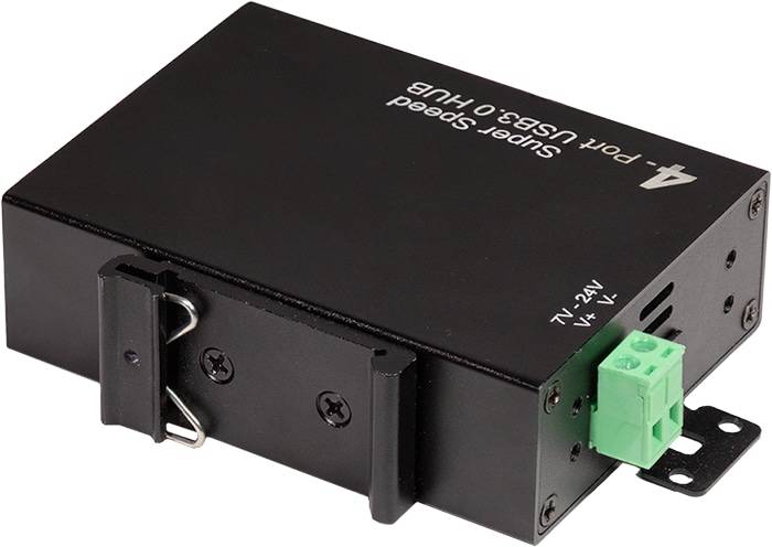 Ein schwarzer industrieller USB-3.0-Hub mit mehreren Anschlüssen und beschrifteten Stromeingängen, einschließlich eines grünen Anschlusses für eine 7-24V-Stromversorgung.