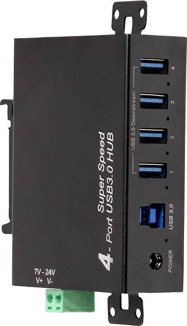 Nahaufnahme eines 4-Port USB 3.0 Hubs mit blauen USB-Anschlüssen und schwarzem Gehäuse. Der Text 
