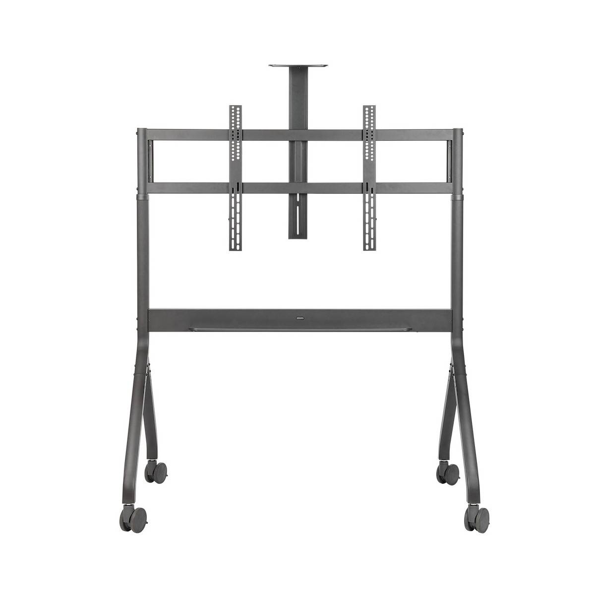 Metallischer TV-Ständer mit Rollen, verstellbarer Halterung und robustem Rahmen. Geeignet für Displays in verschiedenen Umgebungen wie Büros oder Konferenzräumen.