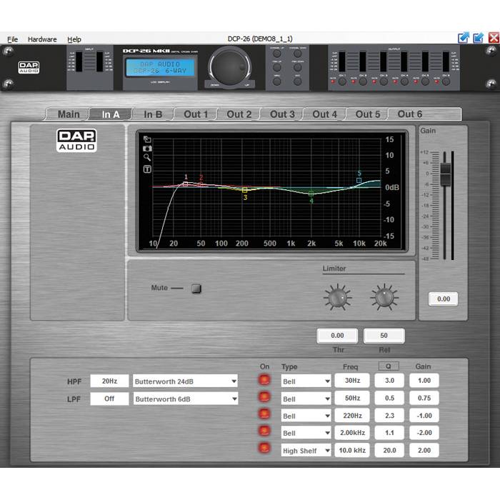 Audio-Bearbeitungsoberfläche mit Equalizer-Einstellungen und Frequenzbändern, beschrifteten Ausgängen und Filteroptionen zur Anpassung.