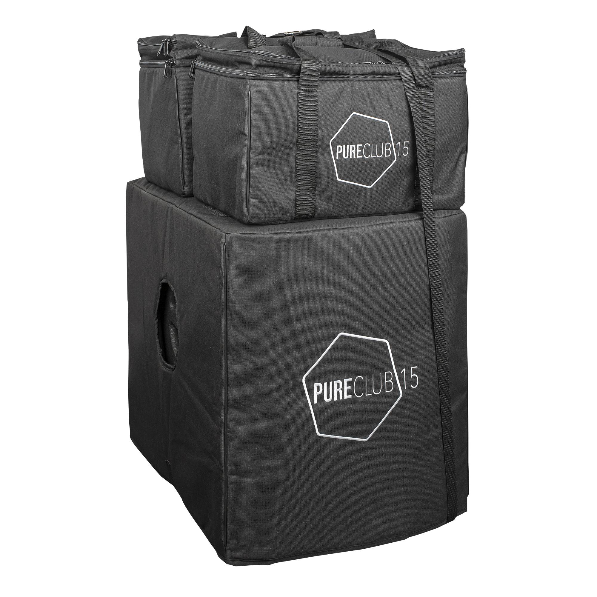 Gestapelte schwarze Taschen mit dem Logo 'PURECLUB15' in weiß. Die Taschen scheinen isoliert zu sein, was auf eine Verwendung zum Transport oder zur Aufbewahrung von Gegenständen hindeutet.
