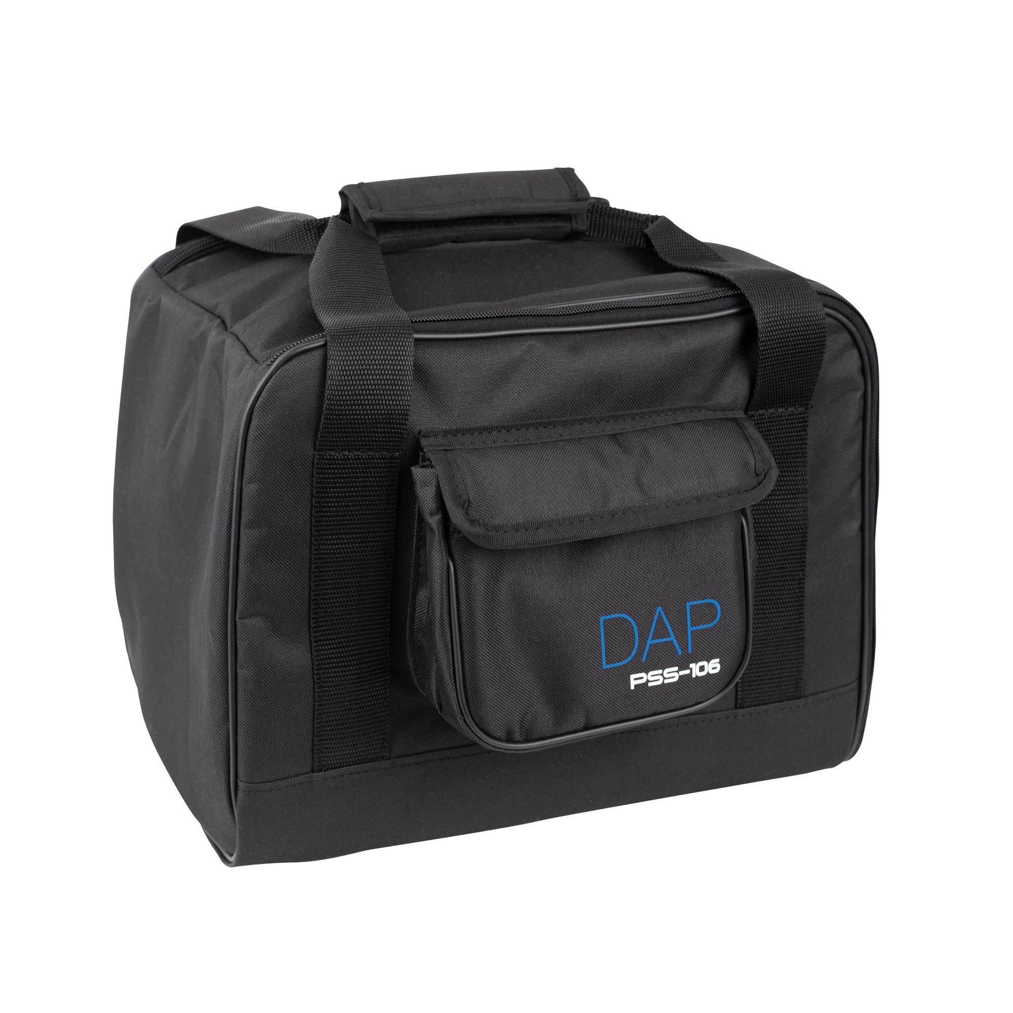 Eine schwarze Tragetasche mit Griff und Vordertasche, mit 'DAP PSS-106' Text in Blau und Weiß.