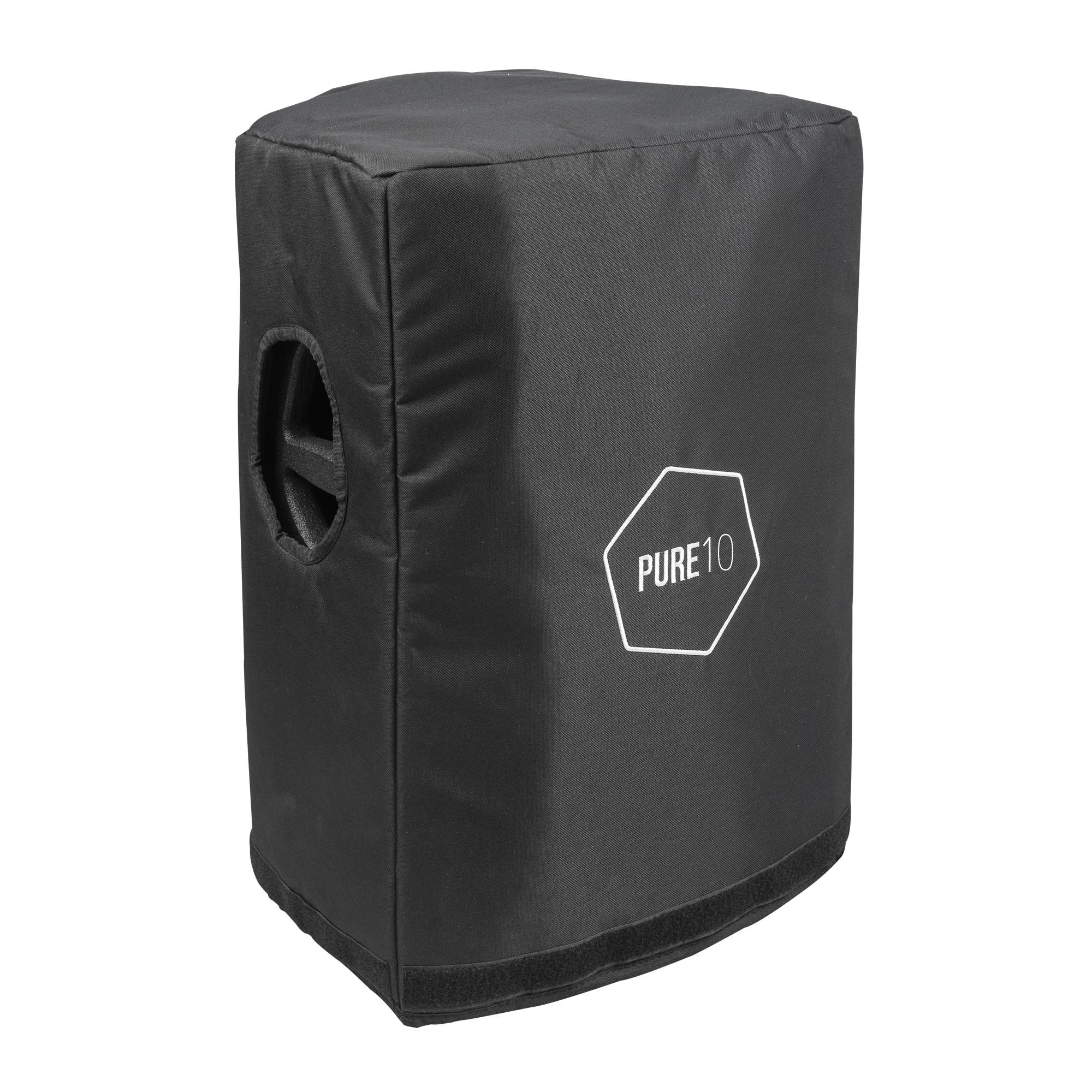 PURE10' markierte schwarze Abdeckung für Lautsprecherbox mit Griffausschnitten.