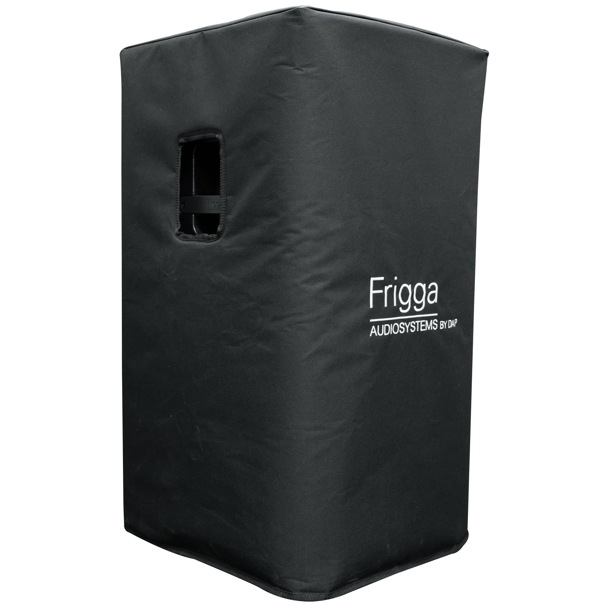 Schwarze Audiosystem-Schutzabdeckung mit 'Frigga' und 'AUDIOSYSTEMES BY DMA' in weißer Schrift, ausgestattet mit einem seitlichen Griff.
