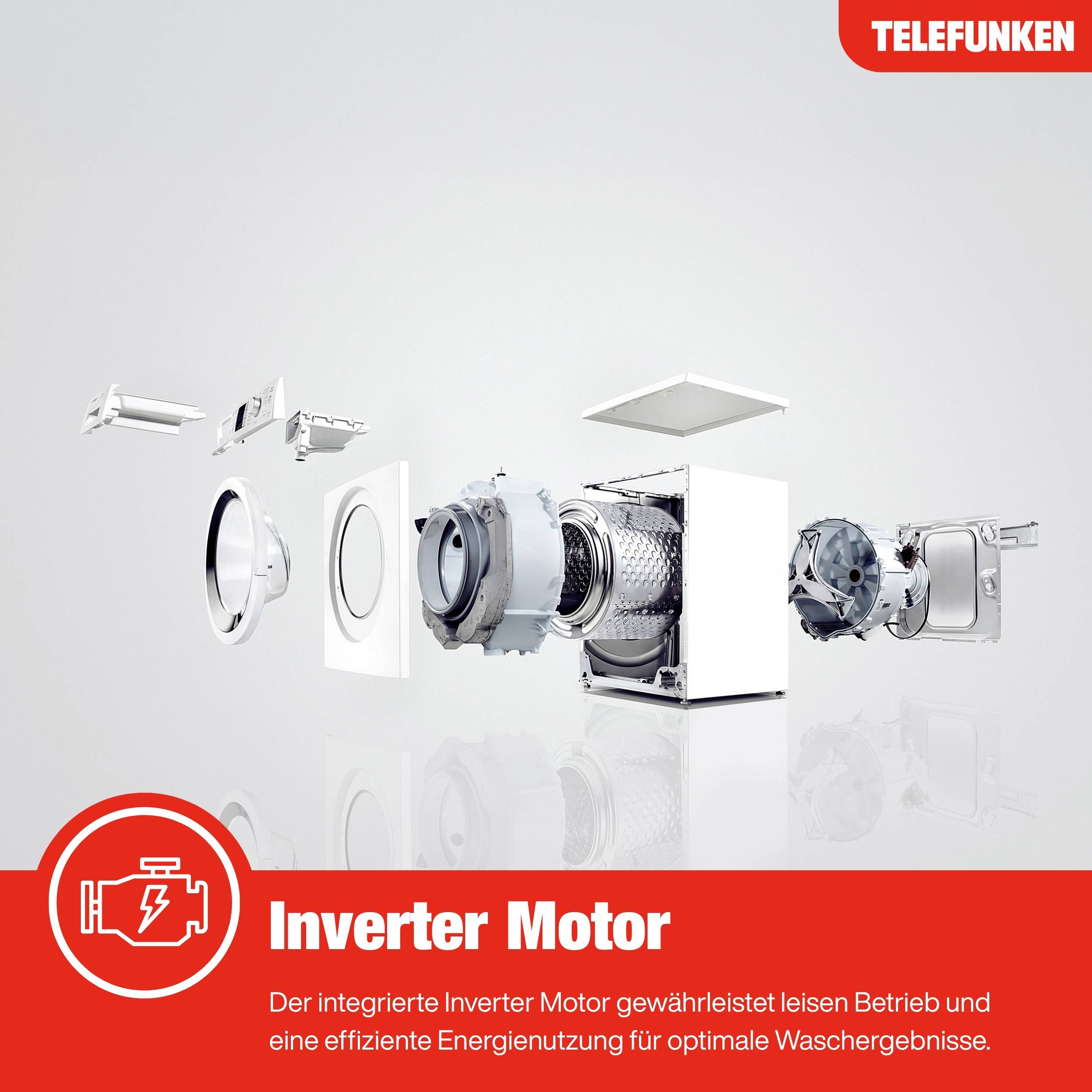 Detaillierte Ansicht der Innenkomponenten einer Waschmaschine, die die Effizienz und leise Betriebsweise des Inverter-Motors der Marke 'TELEFUNKEN' hervorhebt.