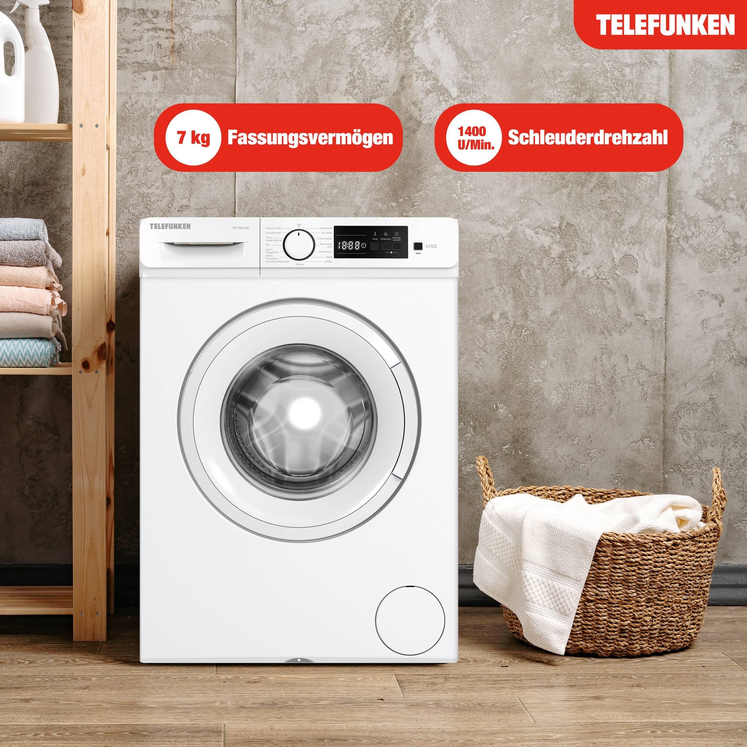 Telefunken Waschmaschine 7kg | Frontlader 1400 U/Min. | Inverter Motor | AquaStop | Schontrommel | W714AS1W weiß