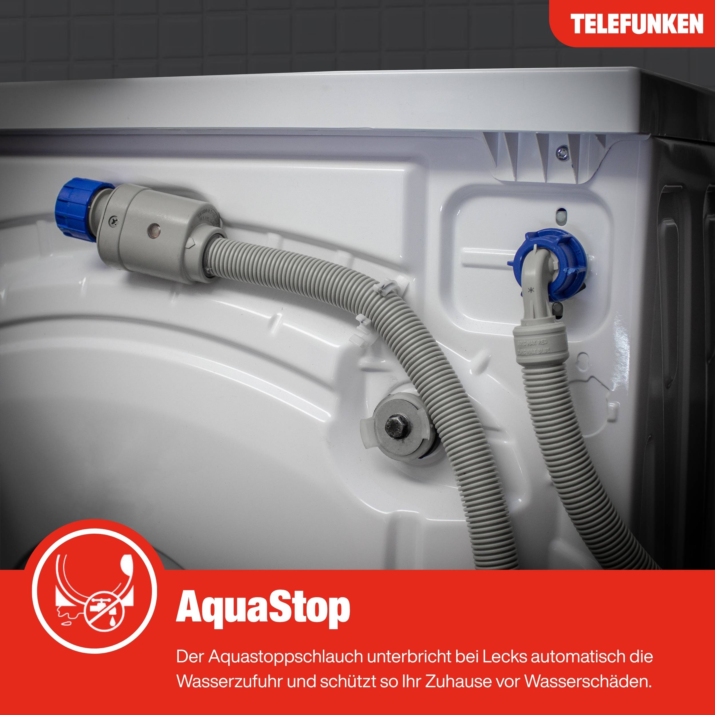Eine Waschmaschine von hinten mit zwei an Wasseranschlüssen angeschlossenen Schläuchen. Eine rote Beschriftung mit der Aufschrift „AquaStop
