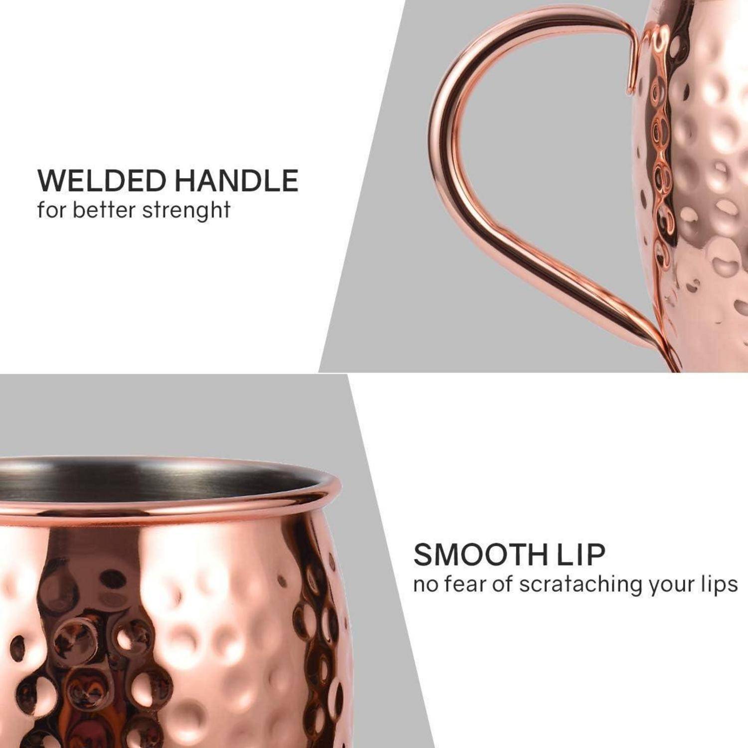 Kupferbecher mit gehämmerter Textur verfügt über einen geschweißten Griff für Stabilität und ein glattes Lippendesign, um Lippenschürfungen zu vermeiden.