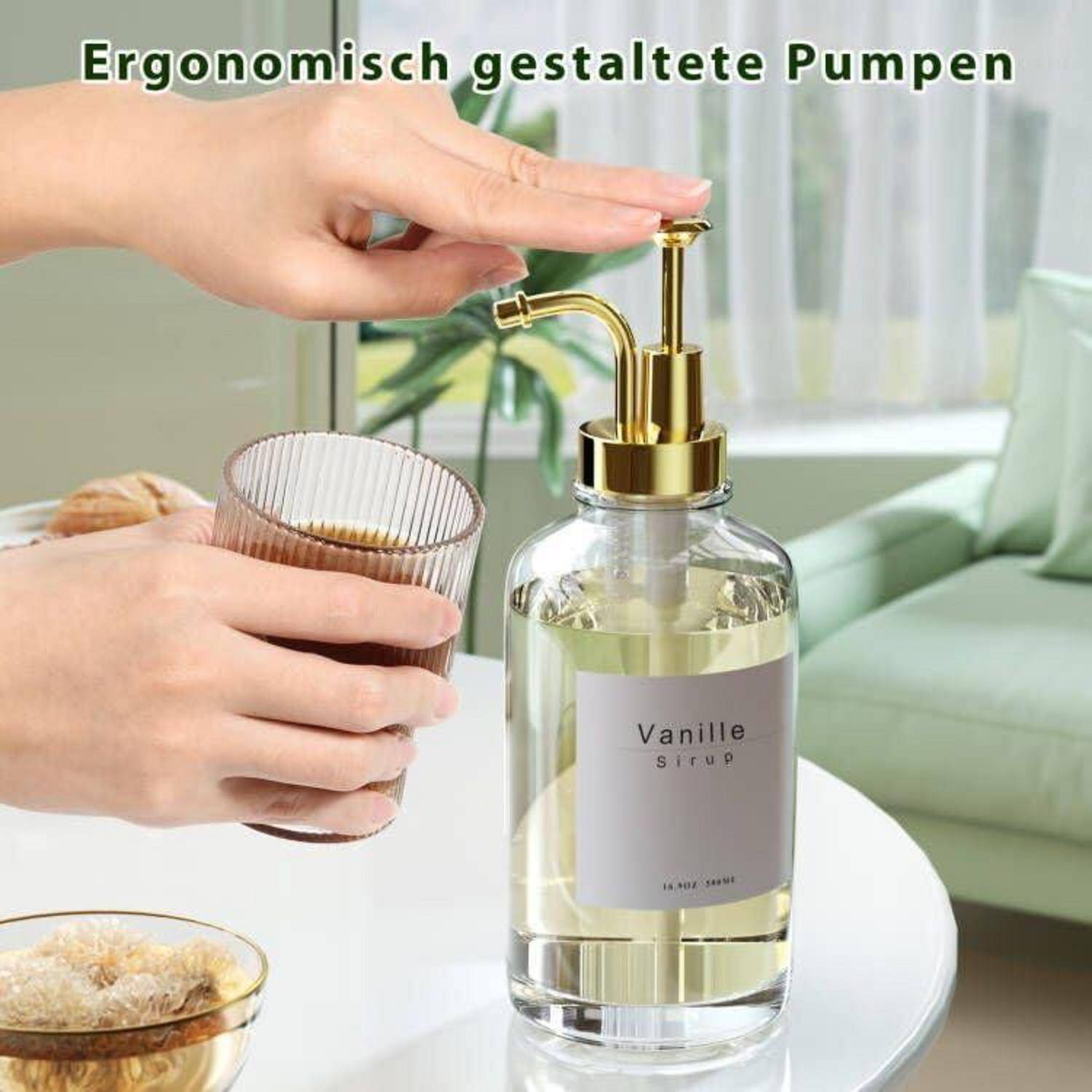Pumpspender Sirup Spender Glasflasche 500ml 4 Stück + Etiketten