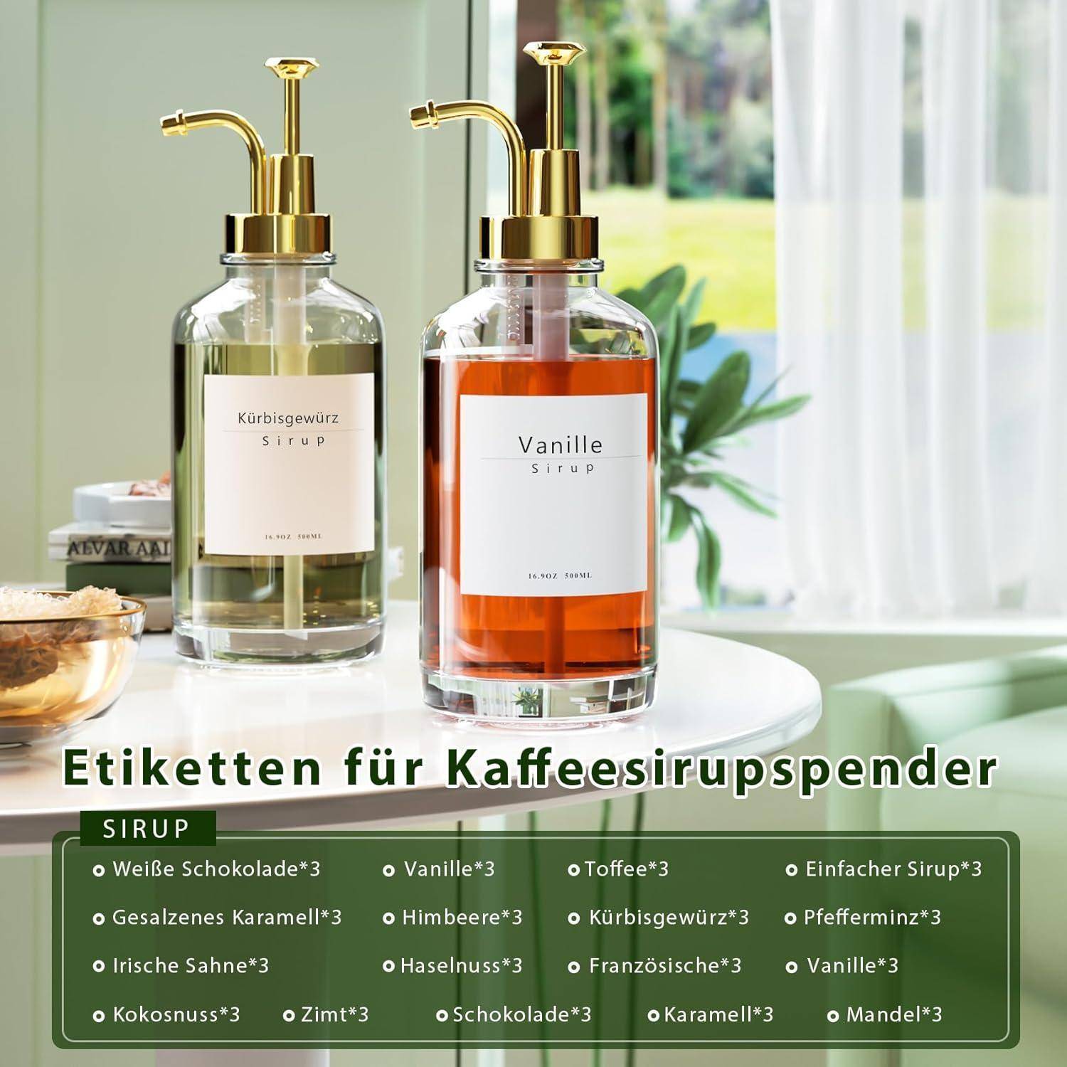 Pumpspender Sirup Spender Glasflasche 500ml 4 Stück + Etiketten