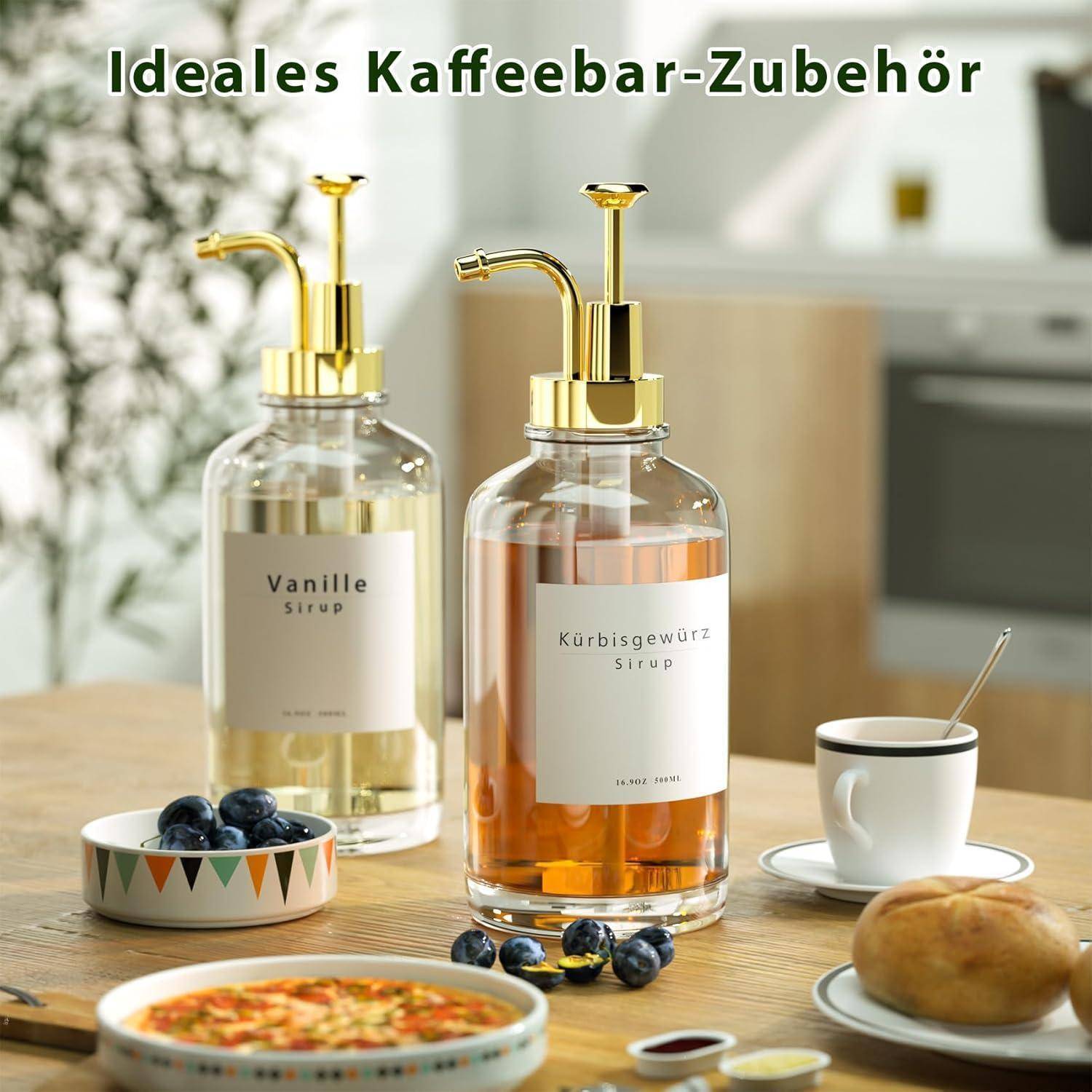 Pumpspender Sirup Spender Glasflasche 500ml 4 Stück + Etiketten
