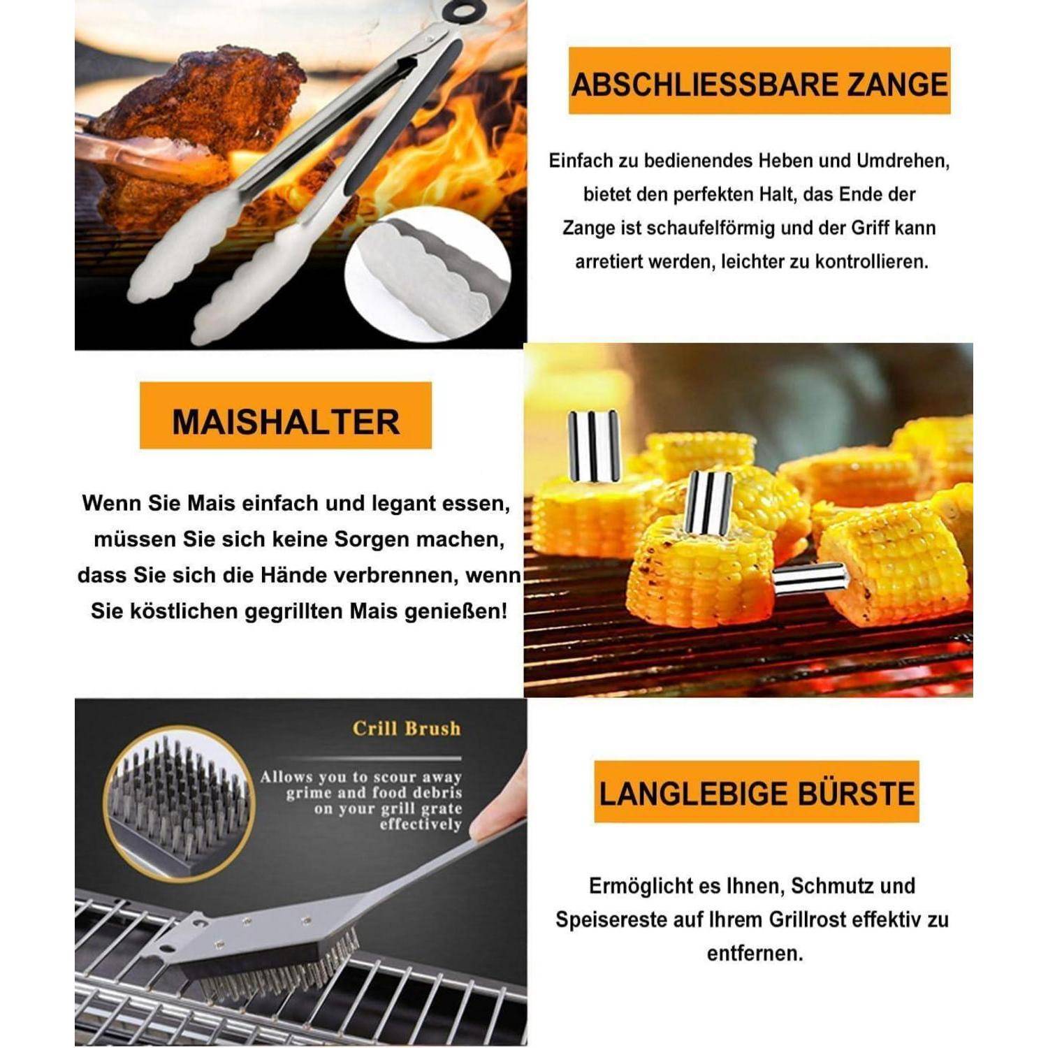 Das Bild zeigt Grillwerkzeuge: eine Zange mit der Beschriftung ‚Abschliessbare Zange', einen Maishalter ‚Maishalter' und eine Grillbürste ‚Langlebige Bürste'. Die Beschreibungen erläutern ihre Funktionen und Vorteile.