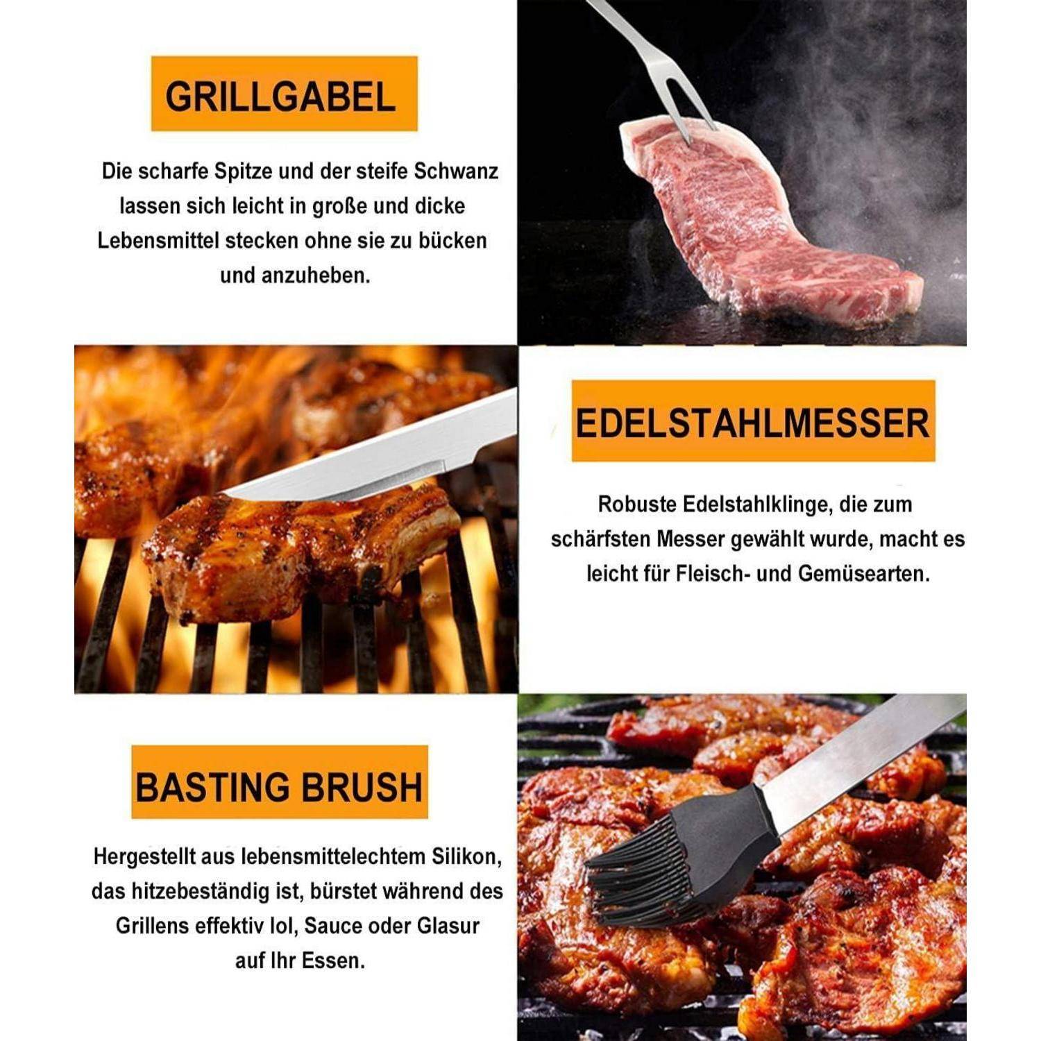 Grillbesteck Set 20 tlg Edelstahl Grill Geschenke Zubehör mit Koffer