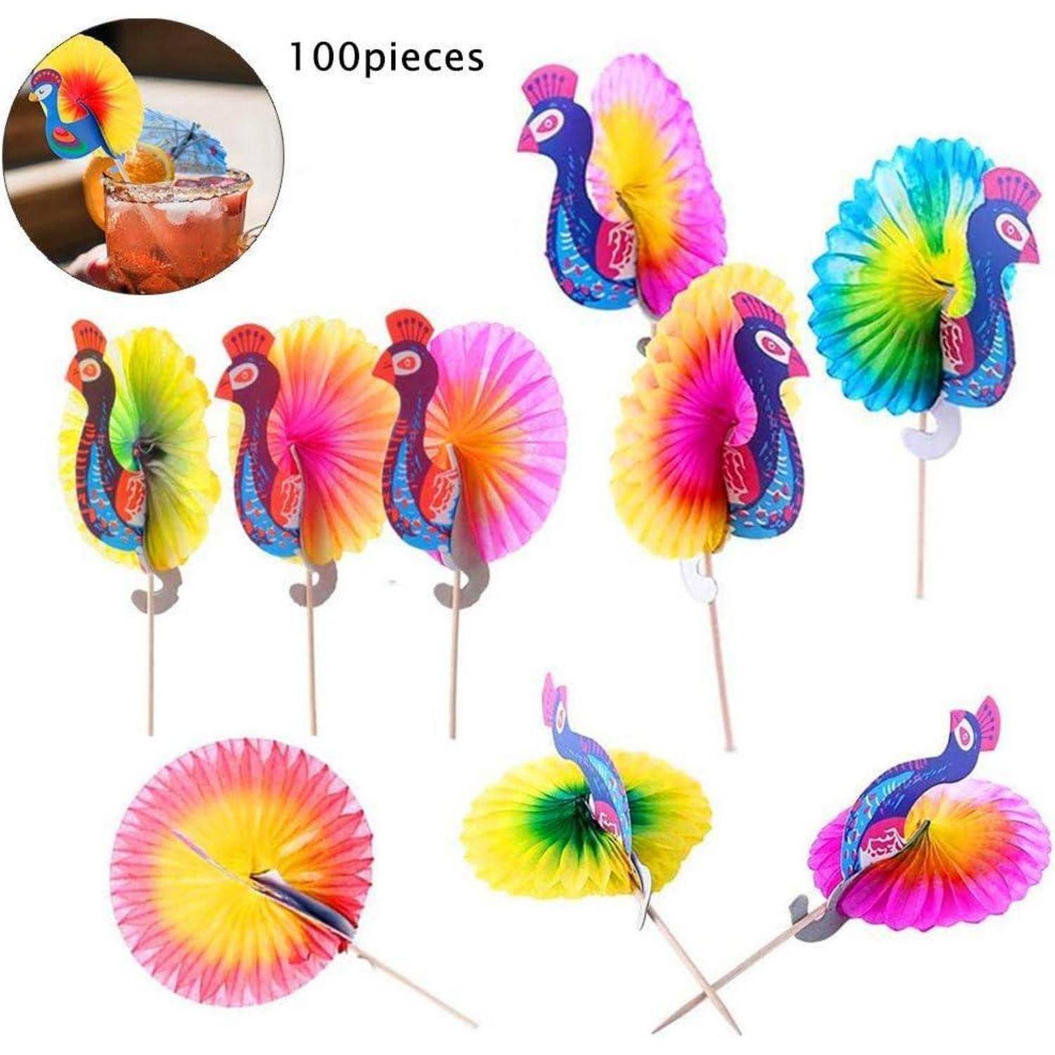 Bunte Pfau-Cocktailstäbchen, 100 Stück, mit lebhaftem Fächerschwanz-Design, ideal zur festlichen Dekoration von Getränken.