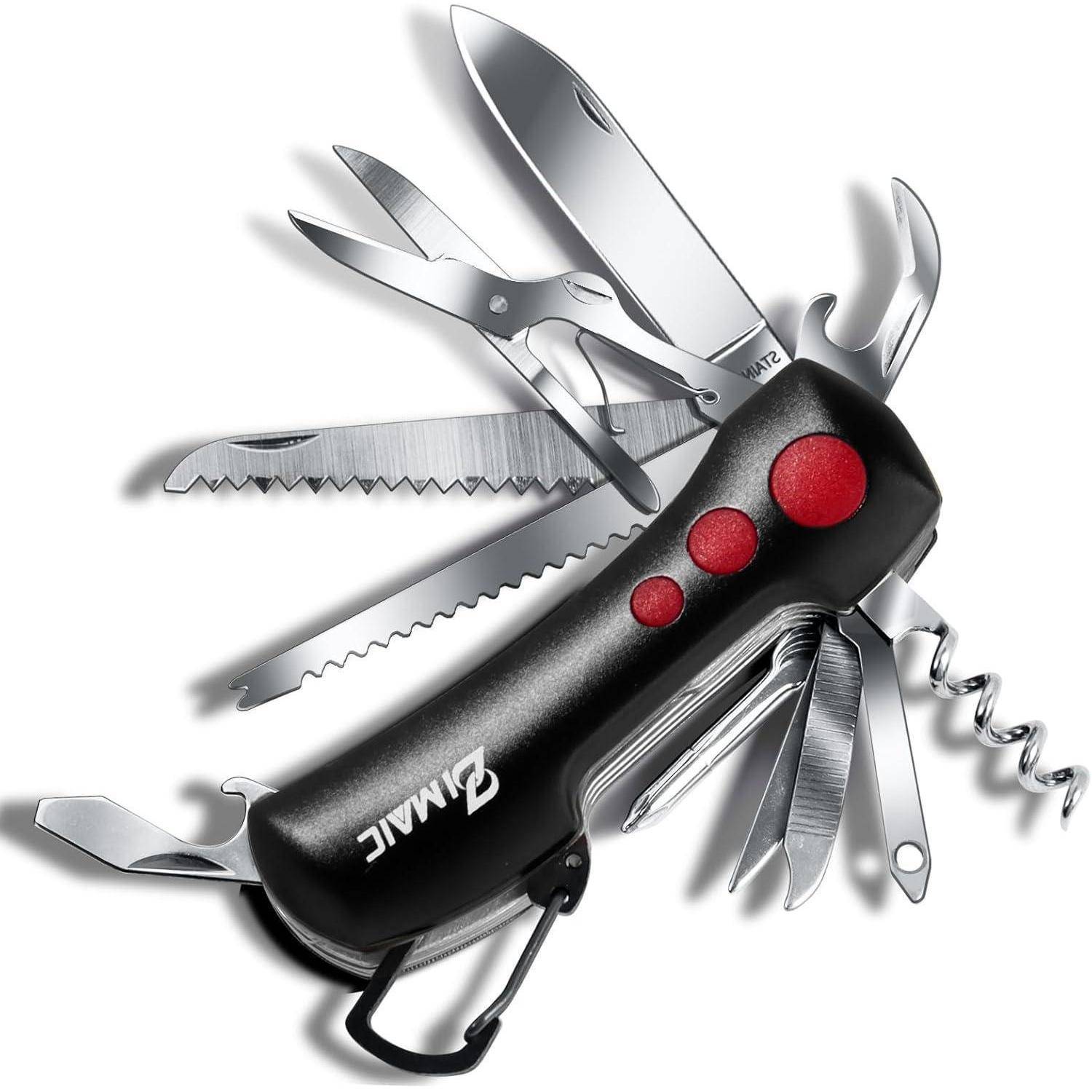 Ein Multitool mit mehreren Edelstahlwerkzeugen, darunter ein Messer, eine Säge, eine Schere und ein Korkenzieher, an einem schwarzen Griff mit roten Tasten.