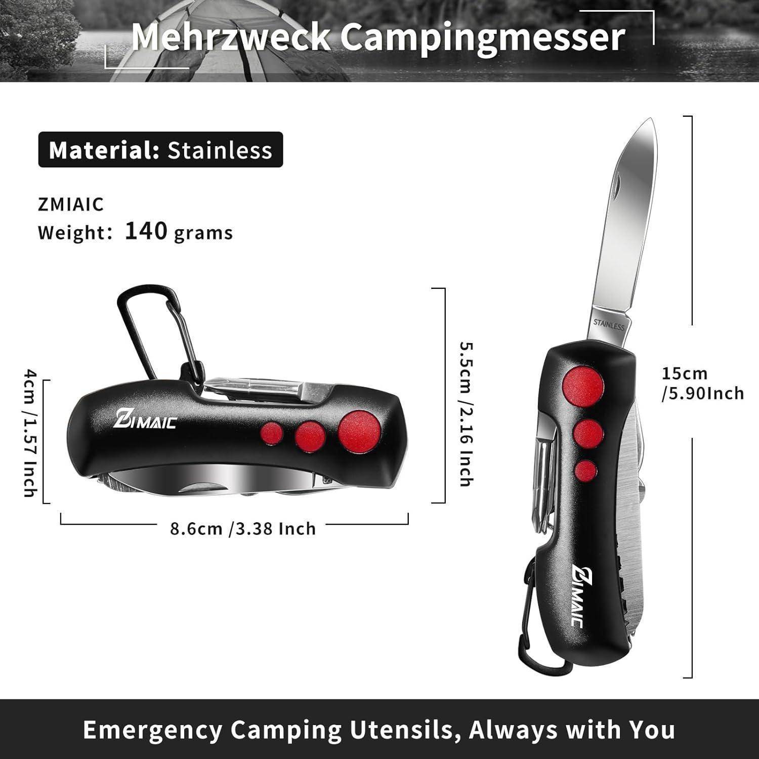 Multifunktionales Campingmesser: Edelstahl, Gewicht 140g, gezeigt mit geschlossener (11cm) und geöffneter Klinge (15cm). Geeignet für Notfälle.