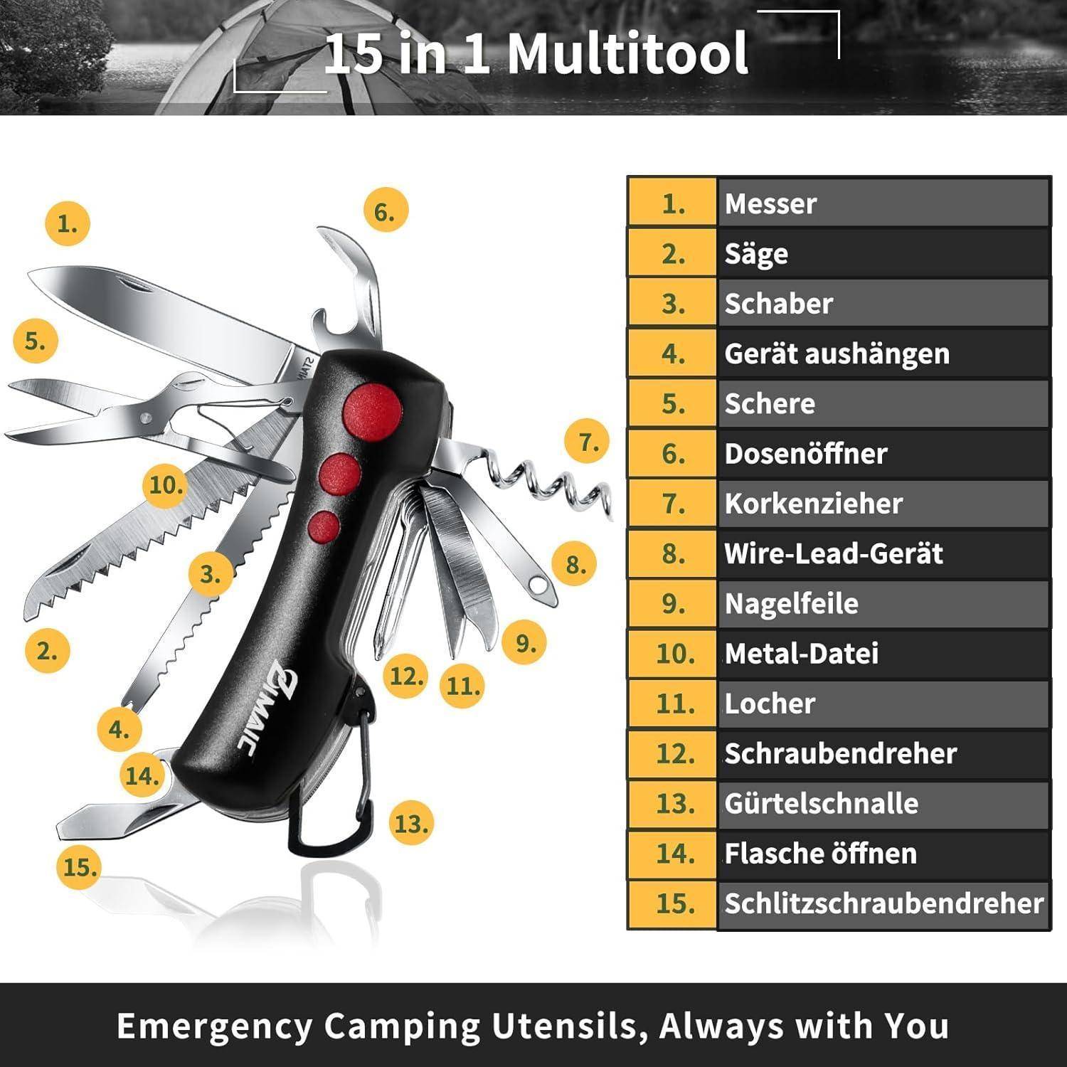 15 in 1 Multitool' mit nummerierten und aufgelisteten Werkzeugen: Messer, Schaber, Geräteaufhängung, Schere, Dosenöffner, Korkenzieher, Abisolierzange, Nagelfeile, Metallfeile, Lochstanzer, Schraubendreher, Gürtelschneider, Fischschupper, Flaschenöffner, Schlitzschraubendreher. Bildunterschrift: 'Notfall-Campingutensilien, immer dabei'.