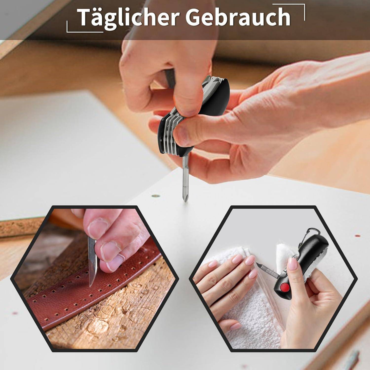 Eine Person benutzt einen manuellen Locher auf einer weißen Oberfläche. Einblendungen zeigen eine Nahaufnahme des Werkzeugs, das Löcher in Leder und Stoff stanzt.