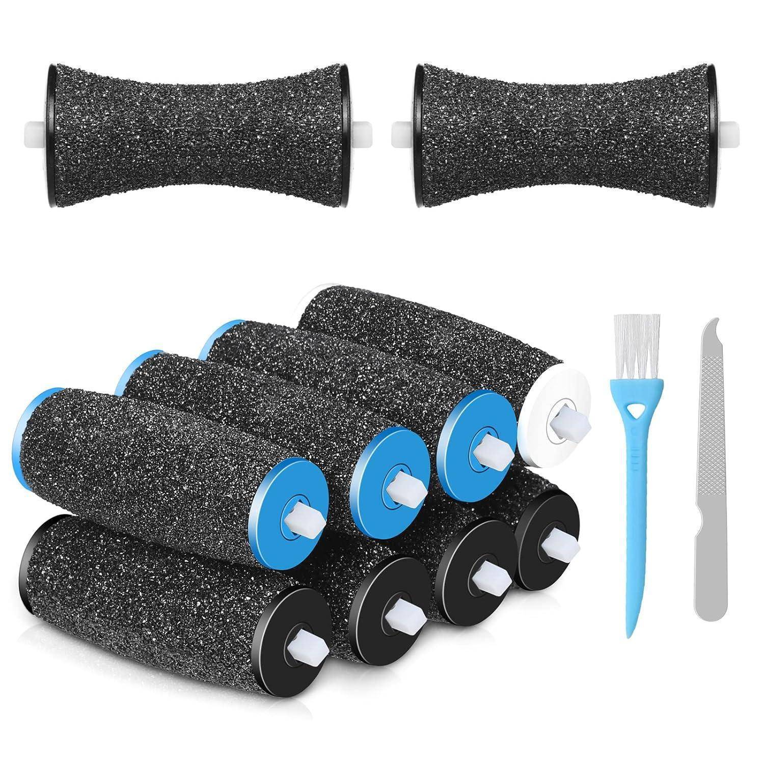 Acht Pediküre-Rollköpfe mit strukturierten Oberflächen zur Hornhautentfernung, inklusive einer Reinigungsbürste und einer kleinen Metallfeile.