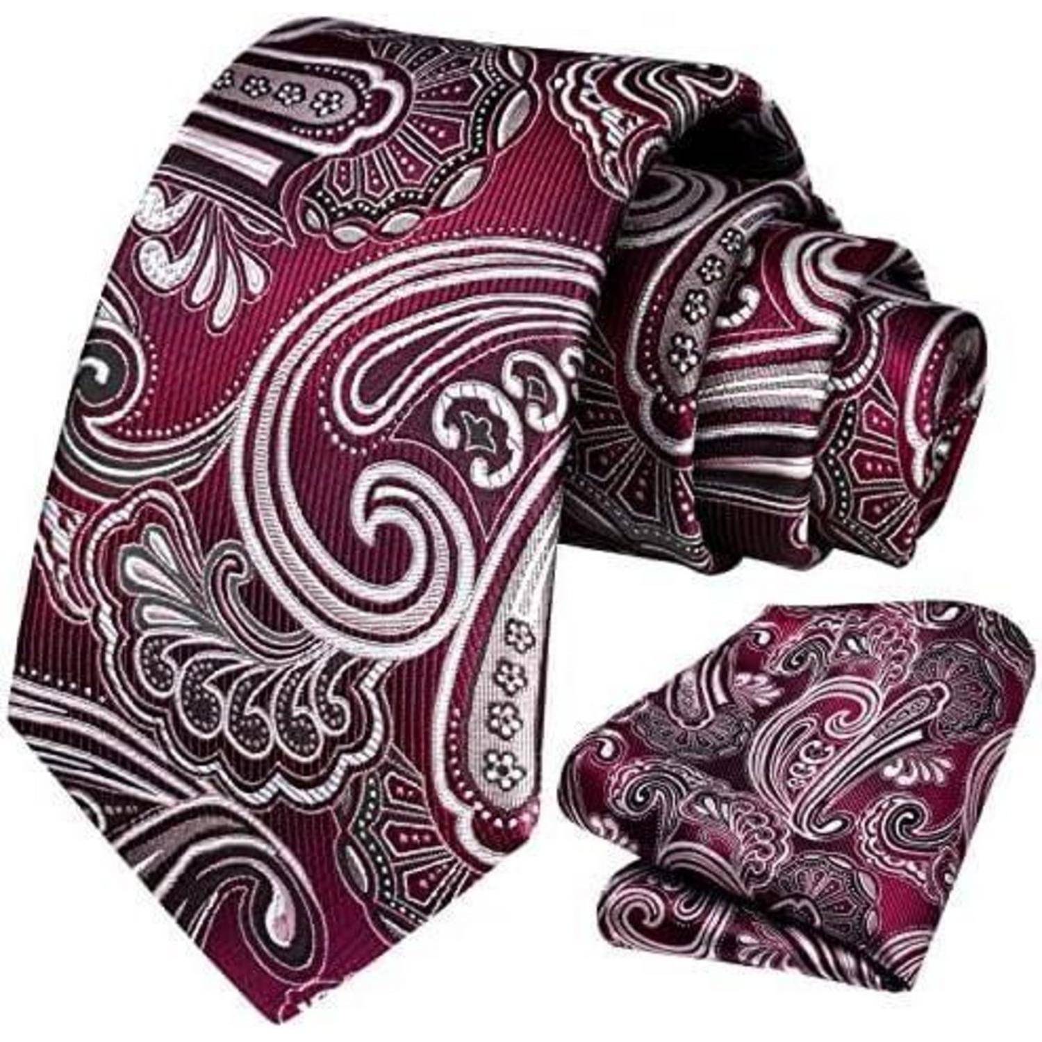 Eine Krawatte mit Paisleymuster und passendem Einstecktuch in Schattierungen von Bordeauxrot, Silber und Schwarz.