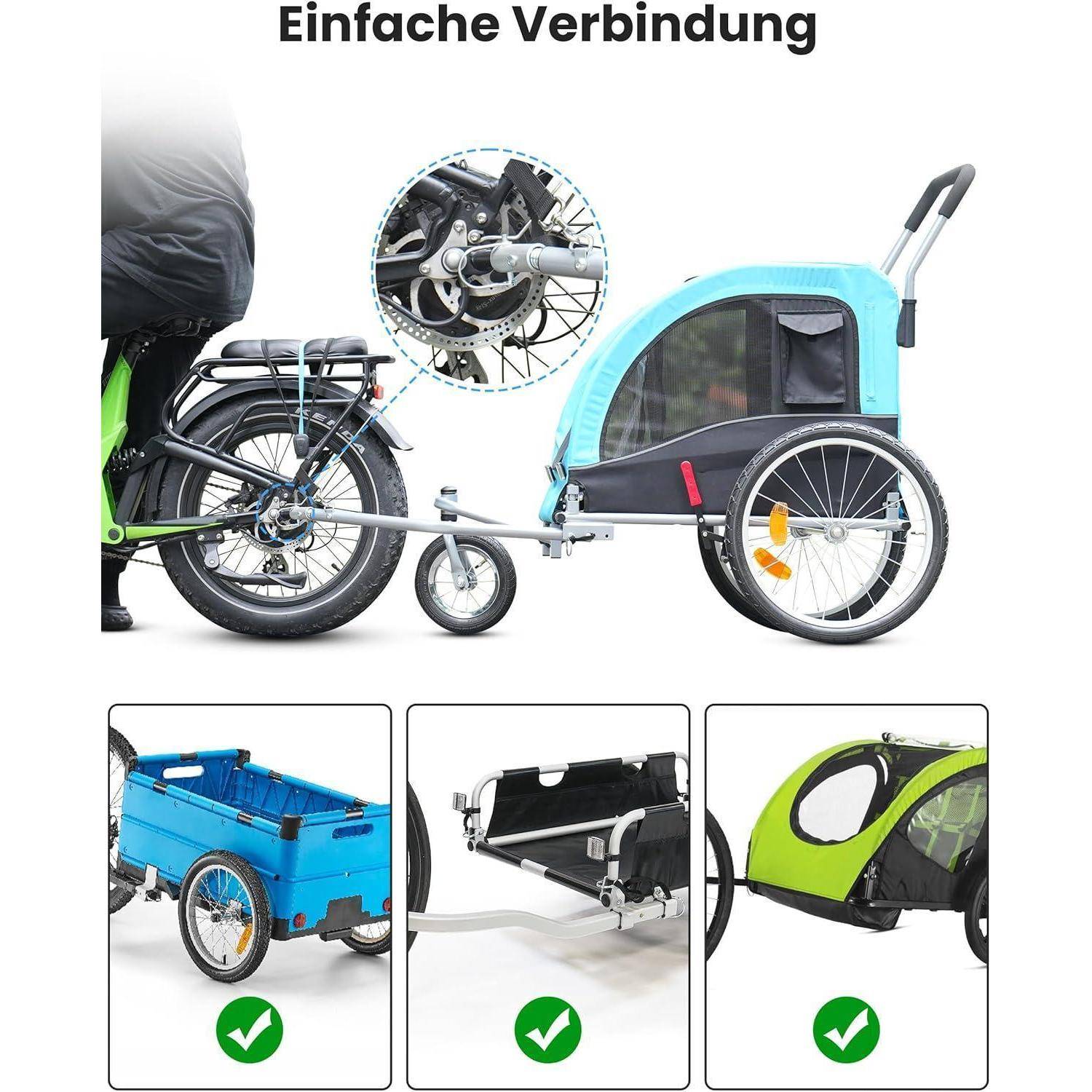 Das Bild zeigt ein Fahrrad mit einem angehängten blauen Fahrradanhänger, der zum Transport von Haustieren oder Ladung geeignet ist. Einschübe zeigen die Verbindungsmechanik des Anhängers.