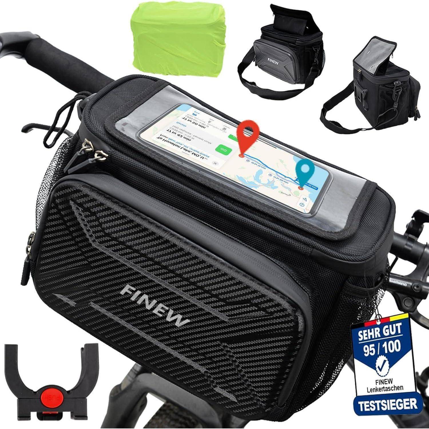 Fahrrad-Lenkertasche mit transparentem Handyhalter zur Anzeige einer Navigationskarte, inklusive abnehmbarem Schultergurt und Fahrradhalterung.