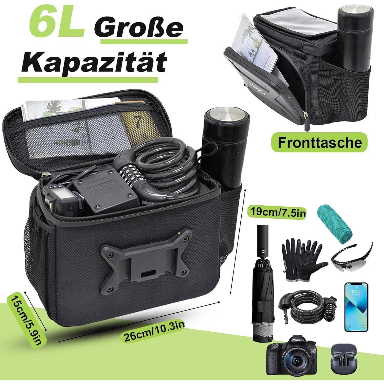 Schwarze Fahrrad-Lenkertasche mit 6-Liter-Kapazität, offene Fächer zeigen Kamera, Handschuhe und Werkzeuge. 'Fronttasche' und Maße vermerkt.
