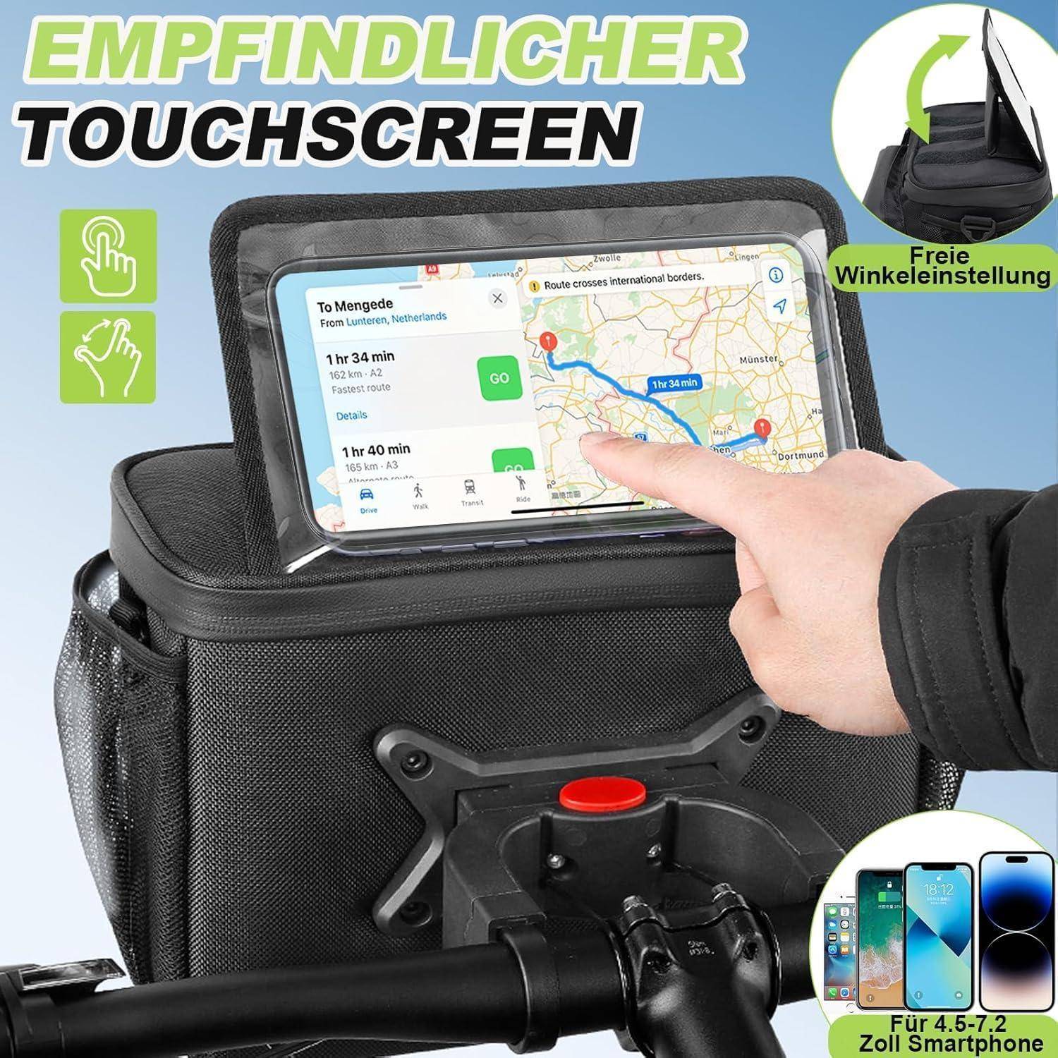 Eine Person bedient den Touchscreen eines montierten Smartphones mit GPS-Navigation an einer Fahrradlenkertasche. Die Anzeige zeigt eine Kartenroute.