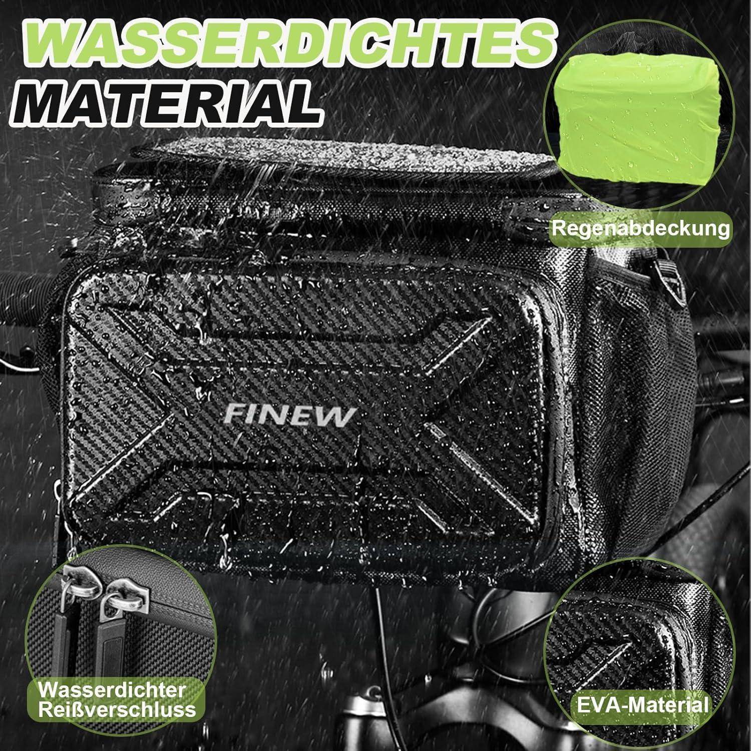 Eine wasserdichte Fahrradtasche mit 'Wasserdichtes Material' Text und Regenschutz. Nahaufnahmen zeigen wasserdichte Reißverschlüsse und EVA-Material-Details.